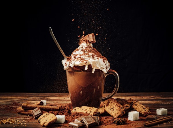Food photography, cup with cocoa, cocoa powder, foam