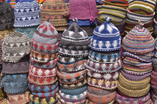Woollen caps on sale in the souks, market, Marrakech, Marrakesh-Tensift-El Haouz region, Morocco,