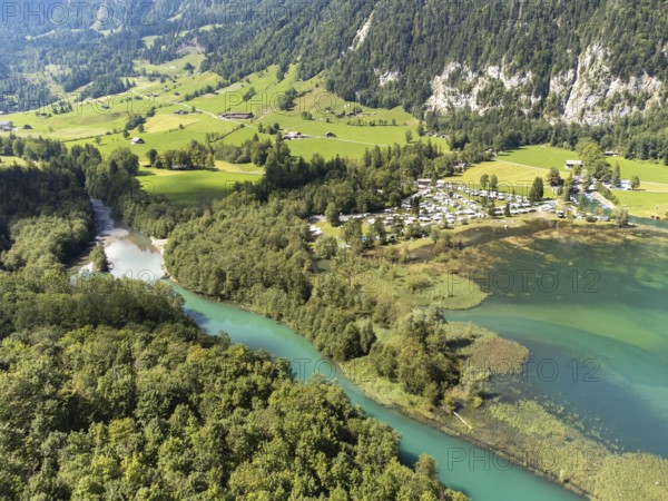 The Vorauen campsite on Lake Klöntal with the Chlü tributary, Klöntal, Canton Glarus, Switzerland,