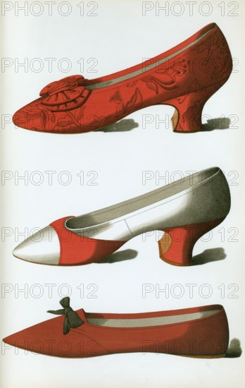 Shoe fashion in 1900, women's shoes, brocade shoe, red and white satin shoe, shoe belonging to Rosa