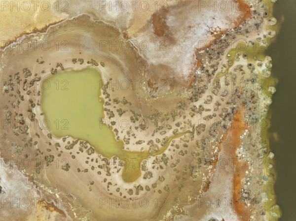 Marshland at the lagoon Estero del Rincón. Aerial view. Drone shot. Huelva province, Andalusia,
