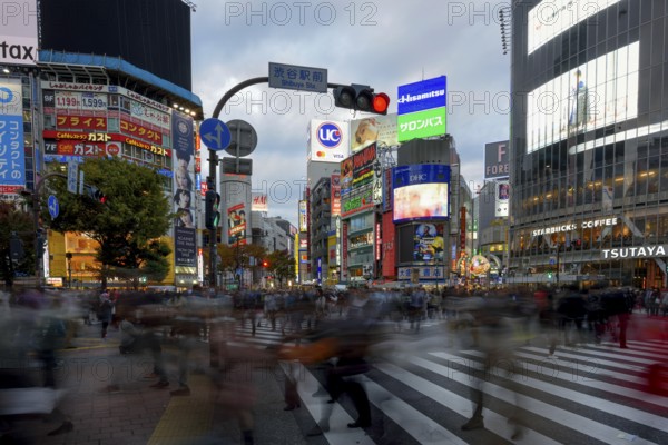 People cross the Shibuya crossroads, most frequented crossroads in the world, Shibuya, Tokyo,