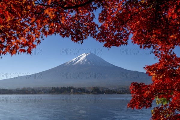 Volcano Fuji or Fudschijama with snow at the summit, 3776 m, with Lake Kawaguchi, framed by red