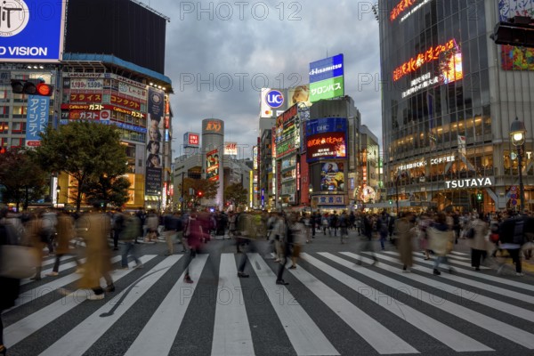 People cross the Shibuya crossroads, most frequented crossroads in the world, Shibuya, Tokyo,