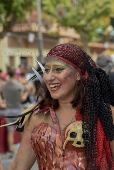Woman in traditional clothes, Moors and Christians Parade procession, Moros y Cristianos, Jijona or