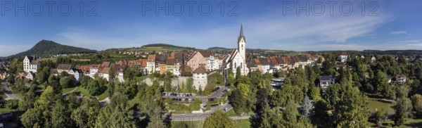Aerial view of the town of Engen with the Church of the Assumption of the Virgin Mary, on the left