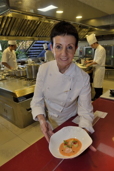 Star chef Carmen Ruscalleda, three Michelin stars, in the kitchen of her restaurant Sant Pau, Sant