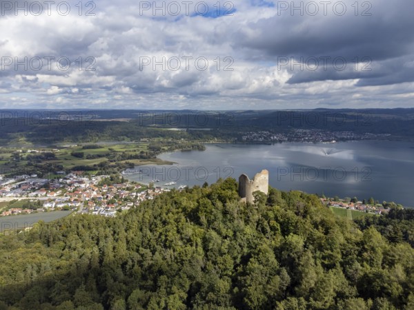 Aerial view of Lake Constance with the ruins of Altbodman with the village of Bodman-Ludwigshafen,
