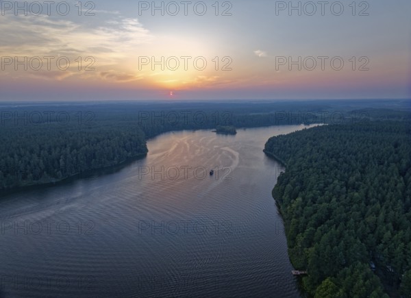 Aerial view of Lake Rospuda in the evening light in northern Poland. Augustow, Podlaskie, Poland,