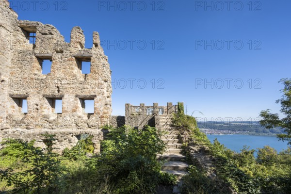 The Altbodman castle ruins, on the right the viewing platform, Bodman-Ludwigshafen, Constance