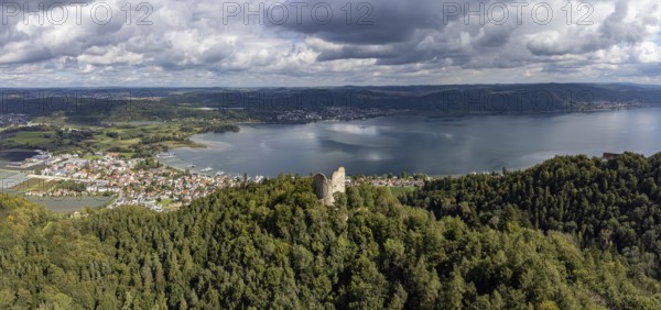 Aerial view of Lake Constance with the ruins of Altbodman with the village of Bodman-Ludwigshafen,