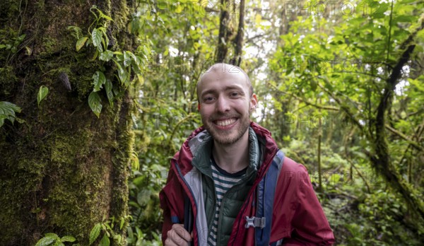 Young man in the rainforest, Monteverde cloud forest, Monte Verde, Puntarenas province, Costa Rica,