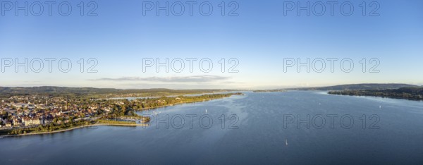 Aerial view of Lake Constance with the town of Radolfzell and the Mettnau peninsula, on the horizon