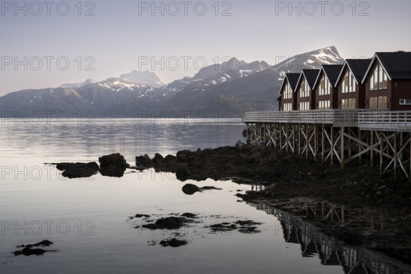 Typical wooden houses (rorbuer) on wooden stilts at Hestnes Bay (Hestnesbukta) . At night at the