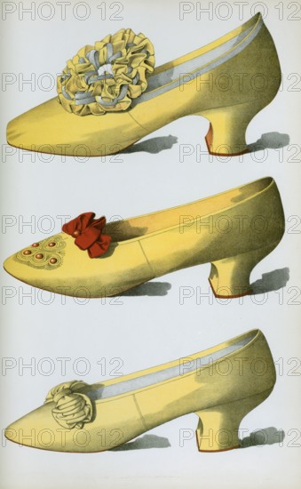 Shoe fashion in 1900, Women's shoes, Two yellow satin shoes, the first worn on stage by the actress