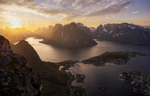 Mountain landscape, view from Reinebringen mountain to the village of Reine and Gravdalsbukta