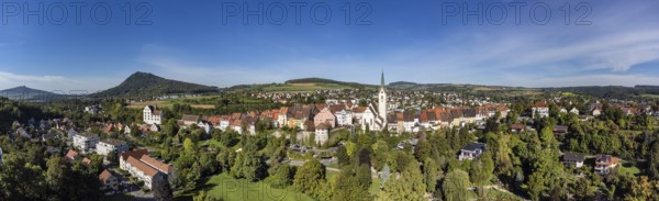 Aerial view of the old town of Engen with the Church of the Assumption of the Virgin Mary, on the