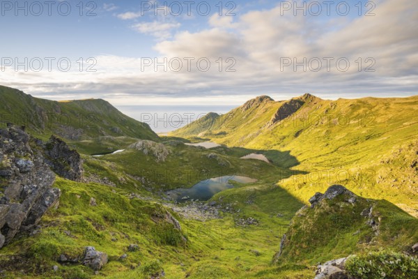 View of mountains and landscape along the Dronningruta hike, near Nyksund, Langøya Island,