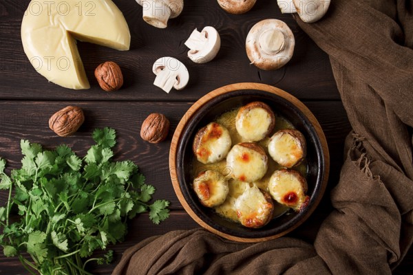 Traditional Georgian dish, appetizer, stuffed mushrooms, Sulguni cheese, baked in a Ketzi clay pan,