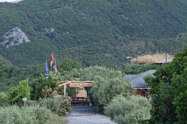 Ledi's Place, restaurant, hostel and camp, in the Albanian Alps at Lake Koman in northern Albania.