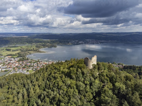 Aerial view of Lake Constance with the ruins of Altbodman with the village of Bodman-Ludwigshafen,