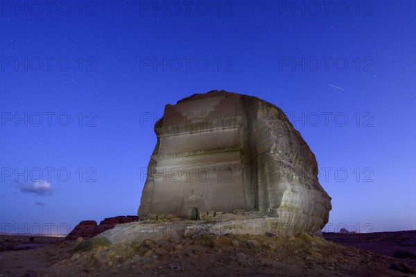 Qasr Al-Farid, 2000 year old Nabataean tomb, blue hour, Hegra or Mada'in Salih, AlUla region,