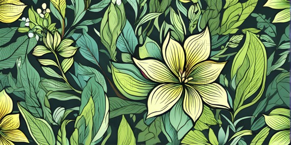 Botanical doodle background illustration with flower and leaves in abstract shapes, AI generated