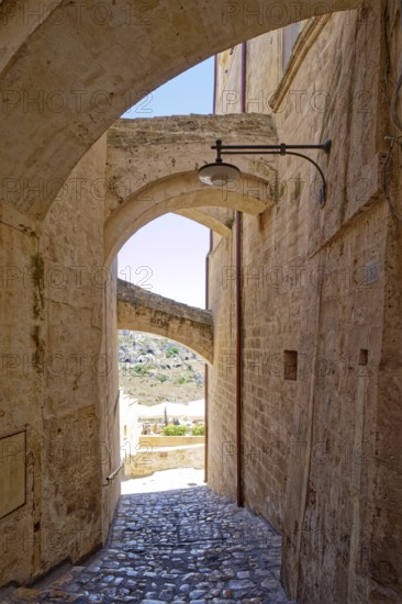 Paths and corridors in the tuff of the Sassi Barisano in the cave town of Matera. The cave
