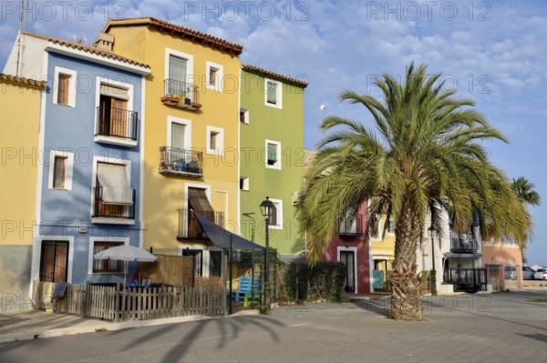 Colourful house facades, La Vila Joiosa, Villajoiosa, Costa Blanca, Valencian Country, Spain,