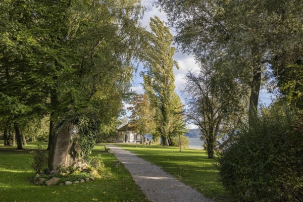 Footpath through Mettnaupark with memorial stone by the poet Joseph Victor von Scheffel and the