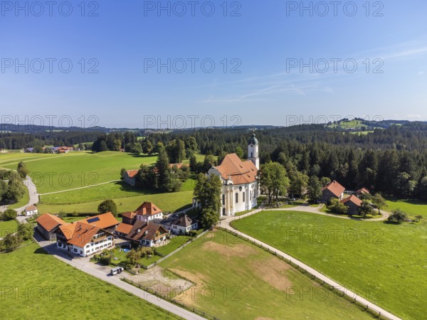 Aerial view of the pilgrimage church, Wieskirche, Steingaden, Romantic Road, Pfaffenwinkel, Upper