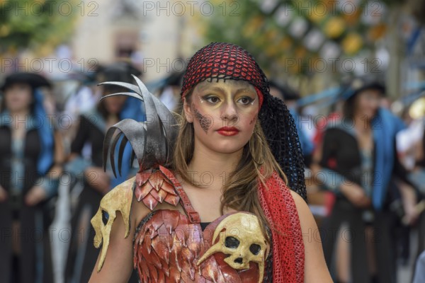 Woman in traditional clothes, Moors and Christians Parade procession, Moros y Cristianos, Jijona or