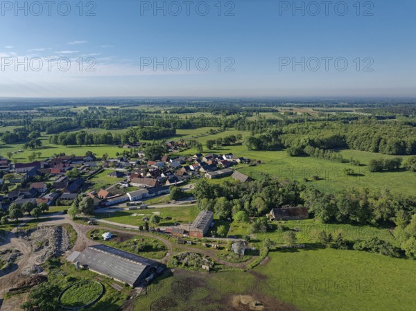 Aerial view of the agricultural and meadow landscape near Dannefeld in the UNESCO Drömling
