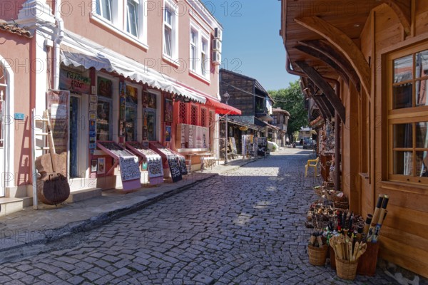 Half-timbered houses with typical local roof overhangs in the old town centre of Sozopol. Bulgaria,
