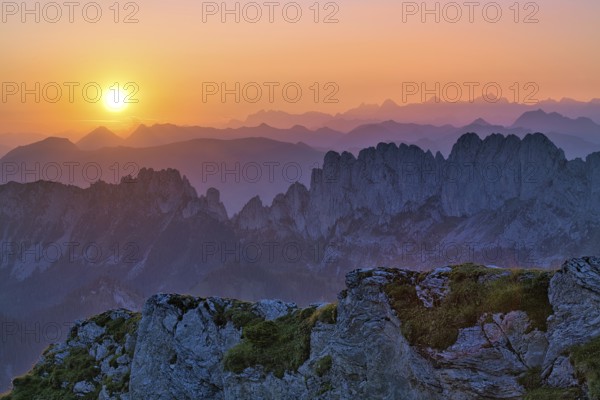 Fribourg Prealps with Gastlosen mountain range at sunrise, Bernese Alps behind, cantons of Fribourg
