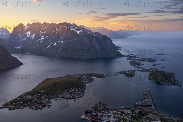 View from Reinebringen mountain to the village of Reine, Lilandstinden mountain and other mountains