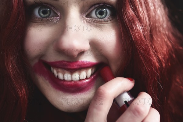 Portrait of crazy-looking teen girl with red hair she is smearing red lipstick on her face, horror