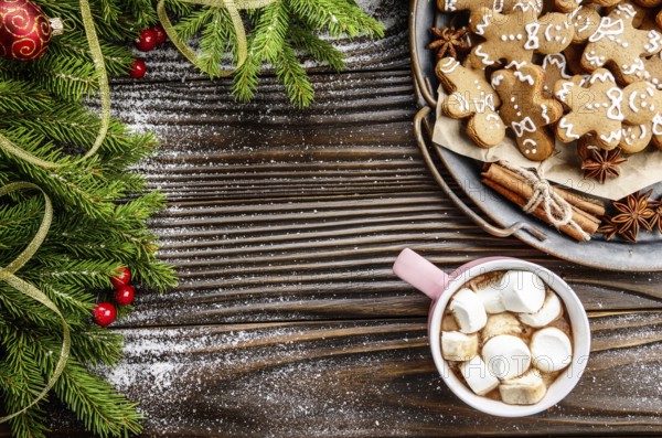 Flat lay Christmas background of pink mug with hot chocolate and marshmallows, spruce branch and