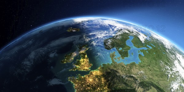 Highly detailed Earth with atmosphere, exaggerated relief and light-flooded cities. Transition from