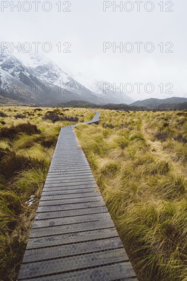 Wooden walkway through a landscape surrounded by grass with snow-capped mountains in the