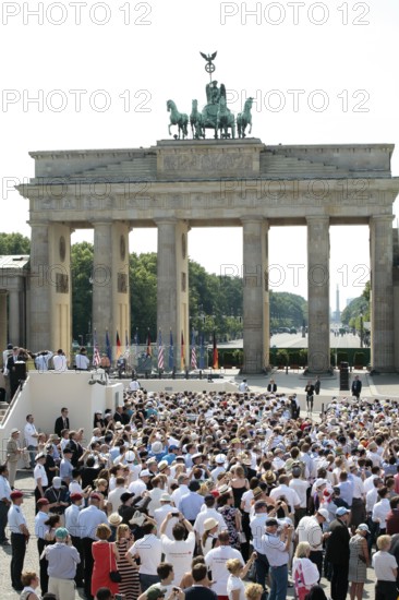 President Barack Obama delivering his speech at Pariser Platz square in front of the Brandenburg