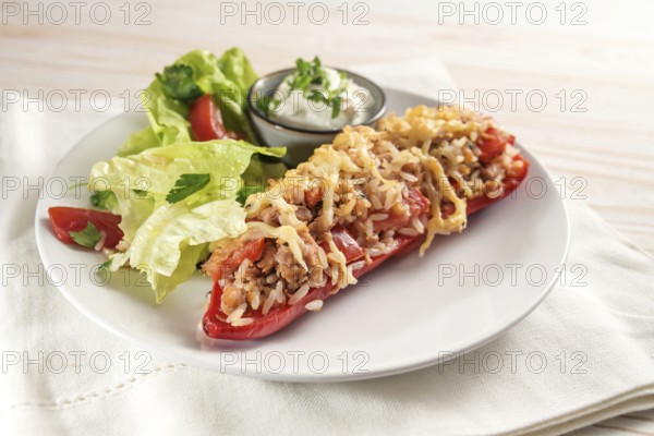 Red bell pepper baked with rice, tuna, tomatoes and cheese, lettuce salad and dip on a white plate