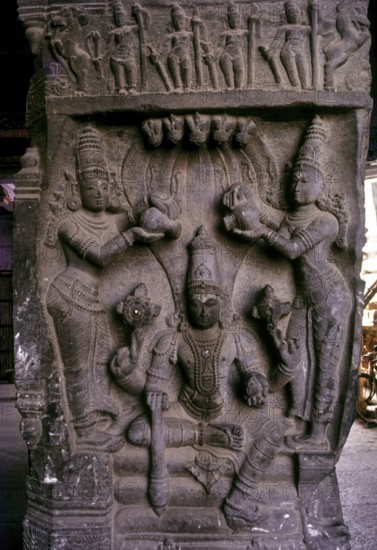 Vishnu with hi consorts Sridevi and Bhudevi sculpture in Ramaswamy temple pillared Mahamandapatam