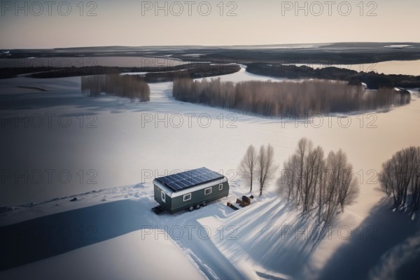Trailer outdoors in winter in the forest with a solar panel on the roof. The concept of life