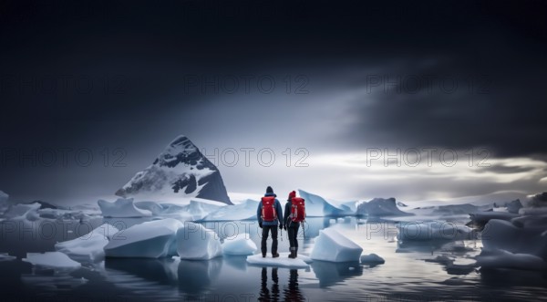 Two travelers with backpacks and winter clothes on an ice floe on a glacier in winter. Couple