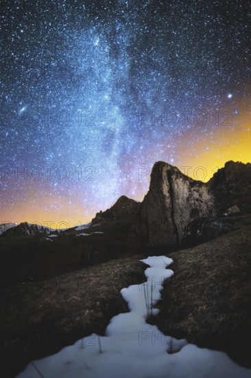 Night scenery done on long exposure. A beautiful Caucasian landscape of red rocks against the