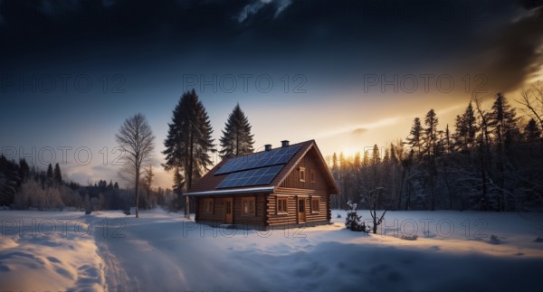 Solar battery on the roof of a village house in winter in nature. autonomous power supply at home,