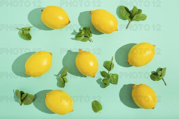 Fresh yellow lemons with mint on minimal blue background on bright sun light with hard shadows