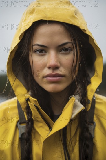 Young woman, dripping wet, brown hair in yellow rain jacket with hood, serious look, rain, Weter,