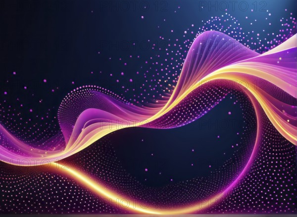 Colorful neon waves with particle effects on a dark background flow in pink and yellow hues, AI